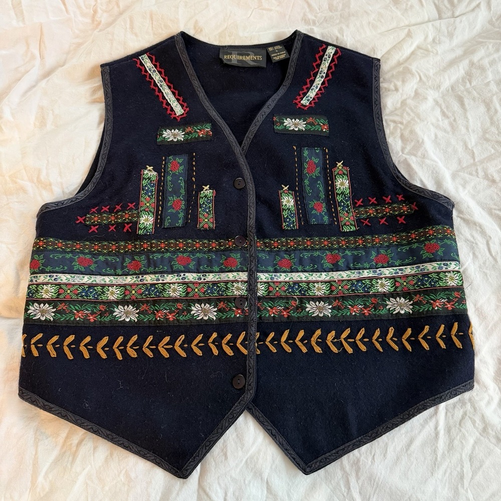 Vintage Requirements Wool Vest L Embroidered Floral Nordic‎ Folk